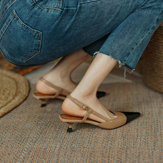 xakxx New Summer Women Slingback Sandals Pointed Toe Mid Heel Females Slippers Elegant Cozy Vintage Girl Office Banquet Footwear