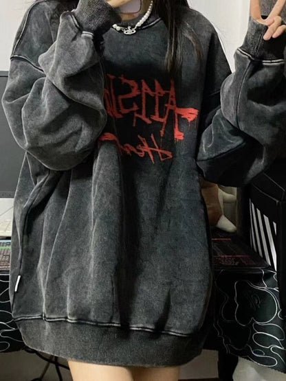 xakxx Emo Gothic Print Oversized Sweatshirts Women Harajuku Vintage Loose Hoodies Long Sleeve Crewneck Pullovers Female Tops
