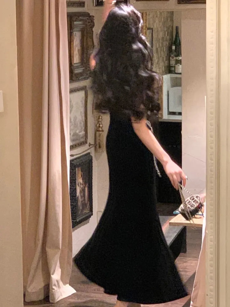 xakxx Sexy Black Women Strap Mermaid Dress  Fashion New Chain Female Elegant Maxi Dresses French Slim Waist  Velvet Vestidos Robe