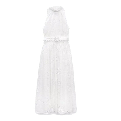xakxx- New Women's Temperament Casual Fashion Ruili Hollow Out Embroidery Midi Dress