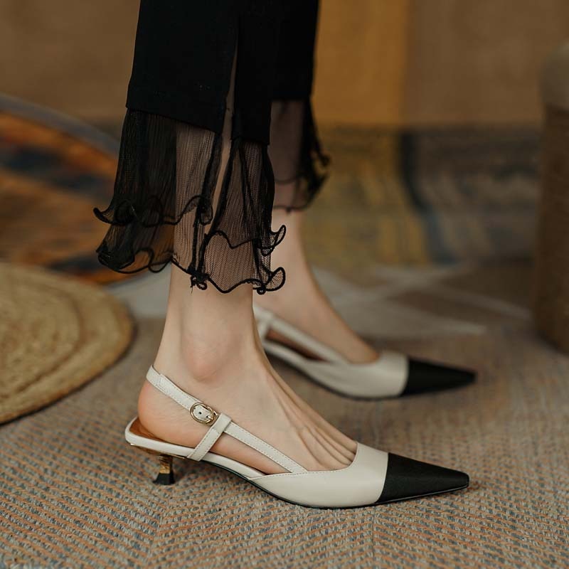 xakxx New Summer Women Slingback Sandals Pointed Toe Mid Heel Females Slippers Elegant Cozy Vintage Girl Office Banquet Footwear