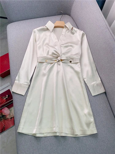 xakxx  Women's Clothing Design Style Gold Button Waisted Silk Shiny White Dress Dresses for Prom