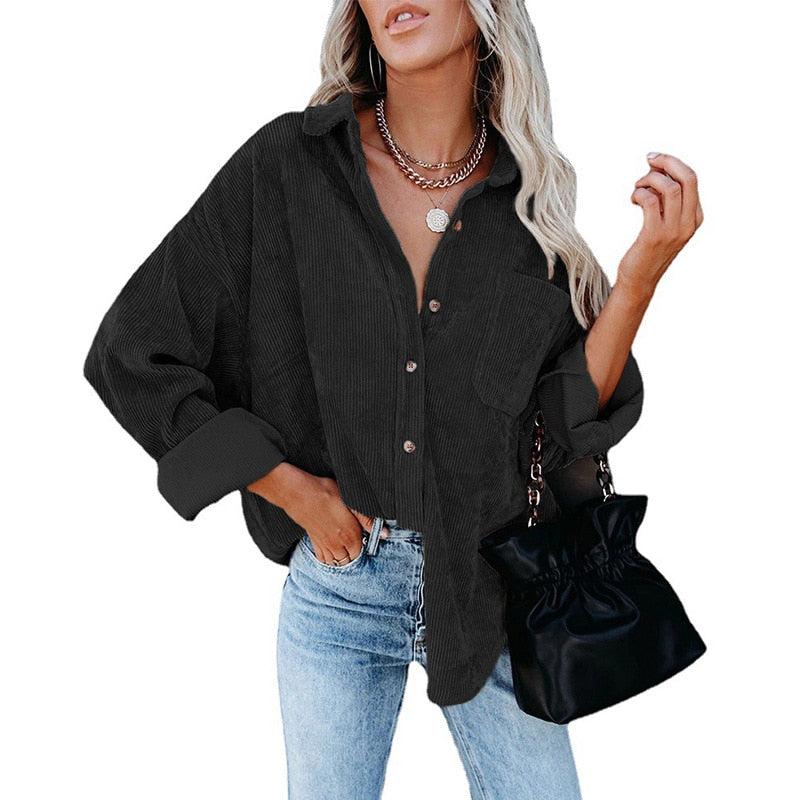 xakxx  Autumn Fashion Vintage Corduroy Blouse Jacket Strip Shirt Women Cotton Casual Tops Button Pocket Loose Blouse Outwear