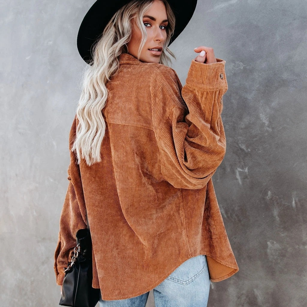 xakxx  Autumn Fashion Vintage Corduroy Blouse Jacket Strip Shirt Women Cotton Casual Tops Button Pocket Loose Blouse Outwear