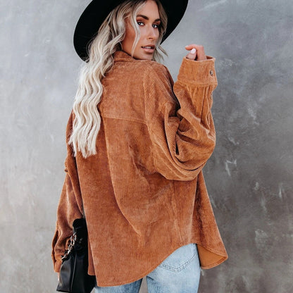 xakxx  Autumn Fashion Vintage Corduroy Blouse Jacket Strip Shirt Women Cotton Casual Tops Button Pocket Loose Blouse Outwear