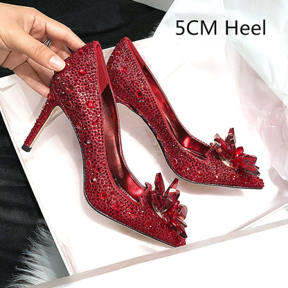 xakxx Newest  Cinderella Shoes Rhinestone High Heels Women Pumps Pointed Toe Woman Crystal Party Wedding Shoes 5Cm/7Cm/9Cm