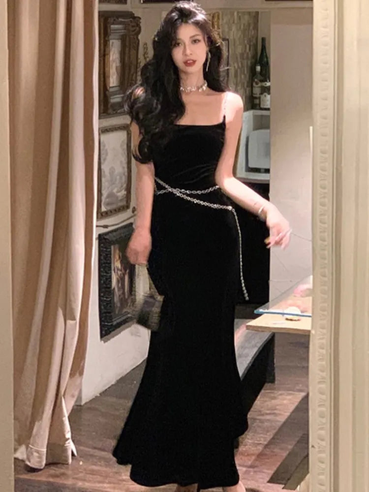 xakxx Sexy Black Women Strap Mermaid Dress  Fashion New Chain Female Elegant Maxi Dresses French Slim Waist  Velvet Vestidos Robe