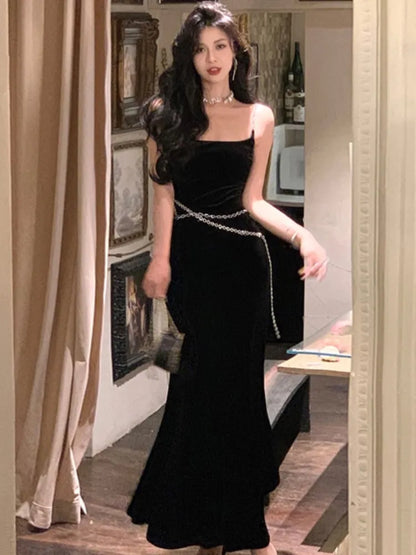 xakxx Sexy Black Women Strap Mermaid Dress  Fashion New Chain Female Elegant Maxi Dresses French Slim Waist  Velvet Vestidos Robe