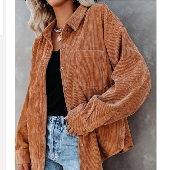 xakxx  Autumn Fashion Vintage Corduroy Blouse Jacket Strip Shirt Women Cotton Casual Tops Button Pocket Loose Blouse Outwear