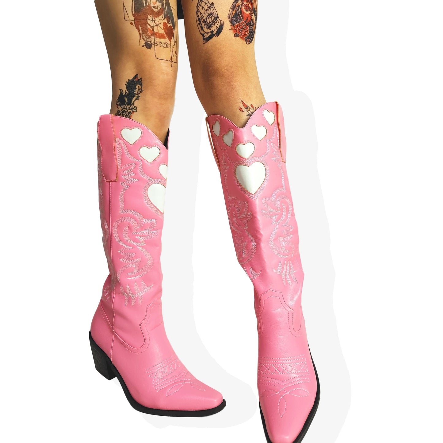xakxx Halloween Cowboy Knee High Boots For Women Western Love Heart Slip On Stacked Heels Long Boots Pointed Toe Walking Casual Autumn Shoes
