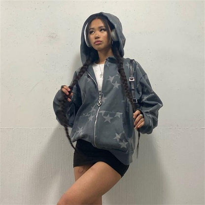 xakxx Vintage Star Pattern Hoodie Women Men Fairy Grunge Long Sleeve Zipper Jacket Harajuku Oversize Sweatshirt Streetwear Y2K Clothes