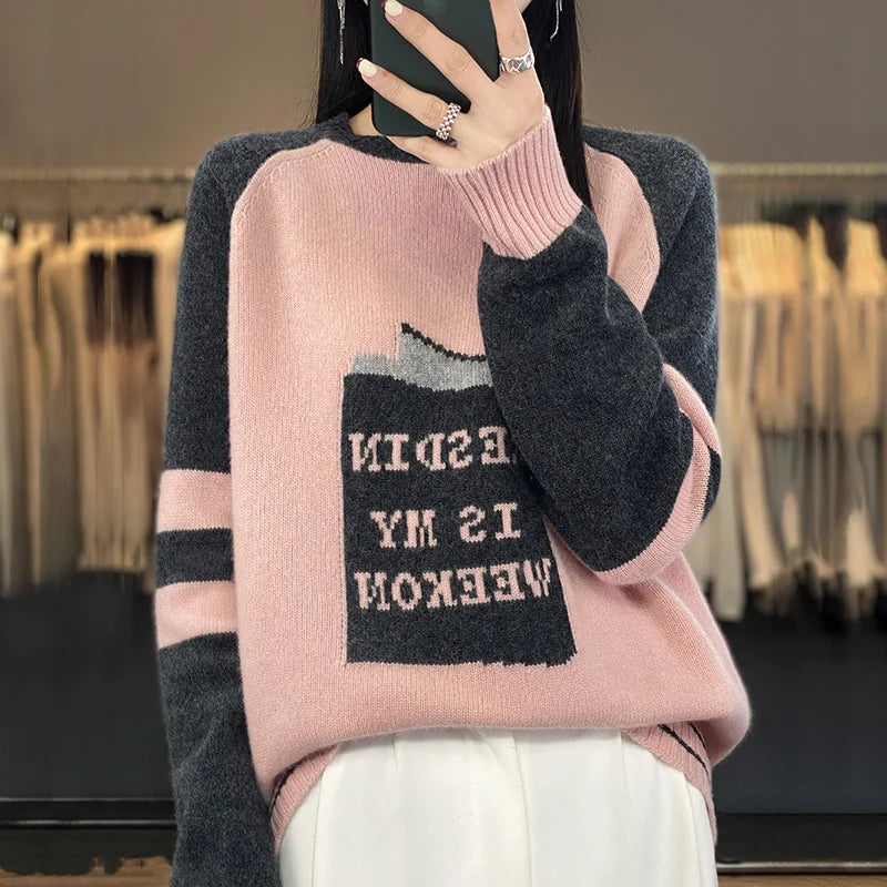 xakxx xakxx-Autumn and winter letter jacquard embroidery cashmere sweater sweater women's pullover loose and fattening.