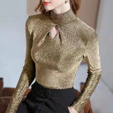 xakxx Black Fridy Golden Hollow Out Women's Blouse Fashion Slim Fit Turtleneck Bottom Blouses Female Elegant Long Sleeve Shirts Tops