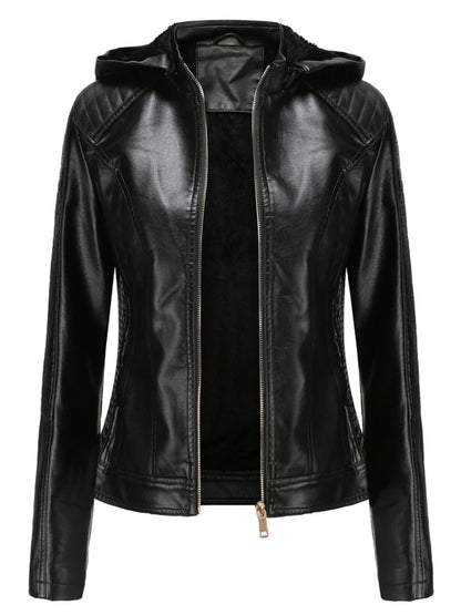 xakxx Black Leather Jackets for Women  New Winter Warm Korean Fashion PU Zipper Plush Hooded Vintage Streetwear Clothes Coat Women