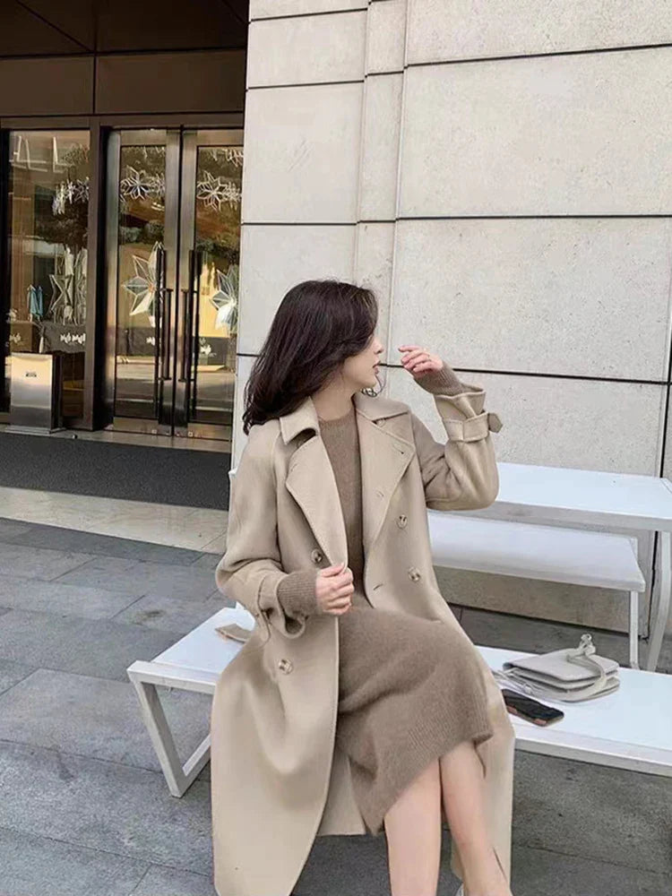 xakxx xakxx-Simple round neck pure cashmere knit dress women's knee-high autumn and winter new coat with long sweater skirt.