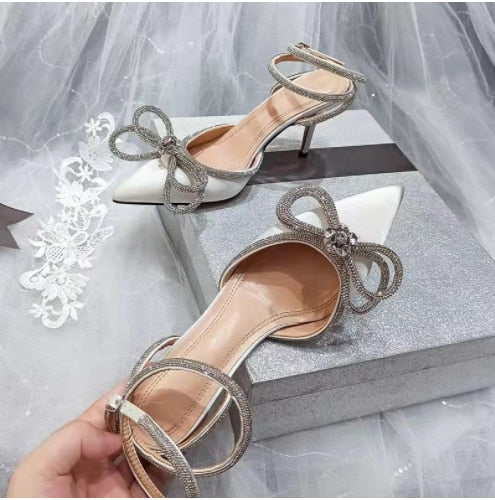xakxx New Rhinestone Butterfly-Knot Sandals Woman Wedding Pumps High Heel Sandals Women Pearl Pearl Diamond High Heels Party Shoes