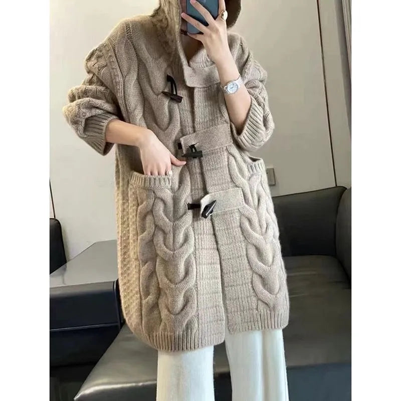 xakxx xakxx-Fall/winter cashmere hooded knit cardigan sweater coat women's long loose lazy wind thickened horn button coat