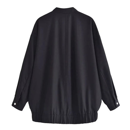 xakxx - New Women's Casual Vibrant Temperament Fashion with Flap Front Pockets Black Long Bomber Jacket Outerwear