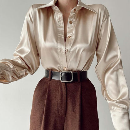 xakxx Satin Long Sleeve Blouses Women  Vintage Blue Green Silk Shirt Women Casual Loose Button Up Down Shirts Elegant Tops 18913