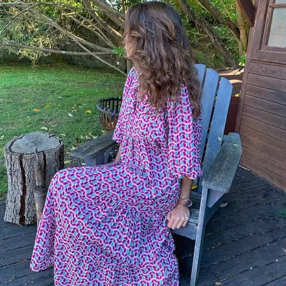 xakxx- Half Bubble Sleeves V-Neck Long Dress Women's Casual Loose Maxi Dress Green Geometric Printed Robe Bohemian Party Dresses