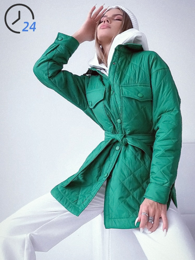 xakxx Women's Winter Jacket New Super Hot Single-breasted Lapel Long Green Loose Warm Plaid Top Casual Streetwear Quilted Coats Female