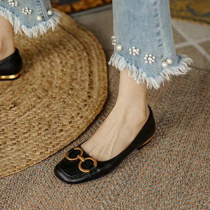 xakxx Ladies Flat Shoes Retro Square Toe Leather Loafers For Women  Spring Casual Flats Elegant Metal Buckle Female Shoes