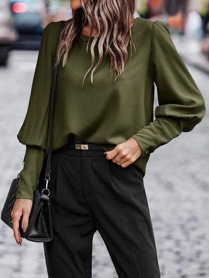 xakxx- Chic New Lantern Sleeve Button O Neck Shirts Women Solid Color Blouse Autumn Spring Lady OL Tops