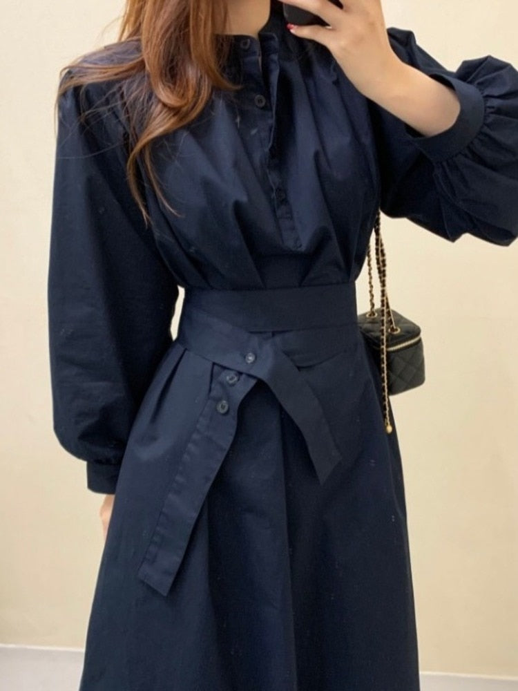 xakxx Elegant Women Stand Bandage Shirt Dress Lantern Sleeve Slim Waist Fashion White Dresses  Autumn New Tide Vestido U1452