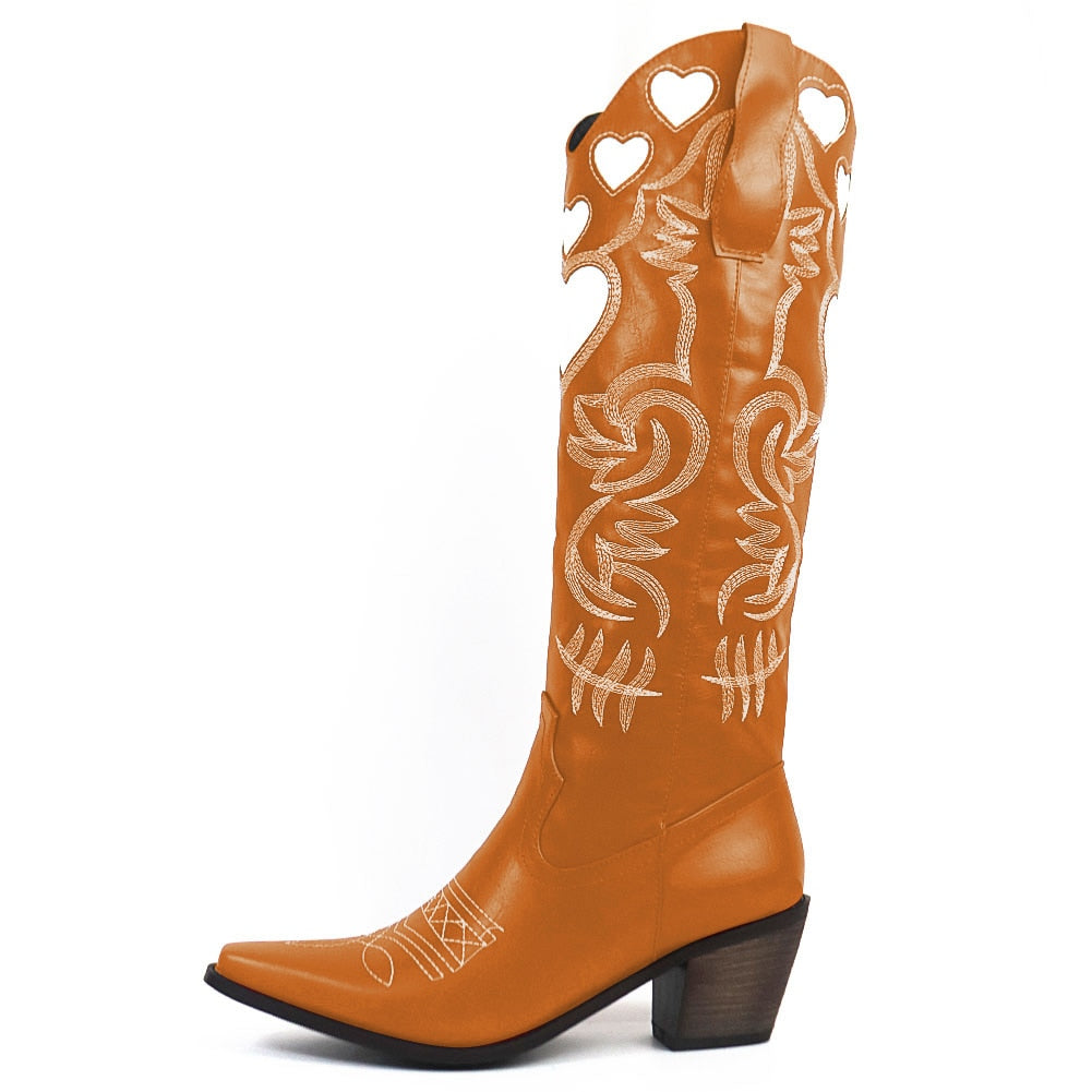 xakxx Halloween Cowboy Knee High Boots For Women Western Love Heart Slip On Stacked Heels Long Boots Pointed Toe Walking Casual Autumn Shoes