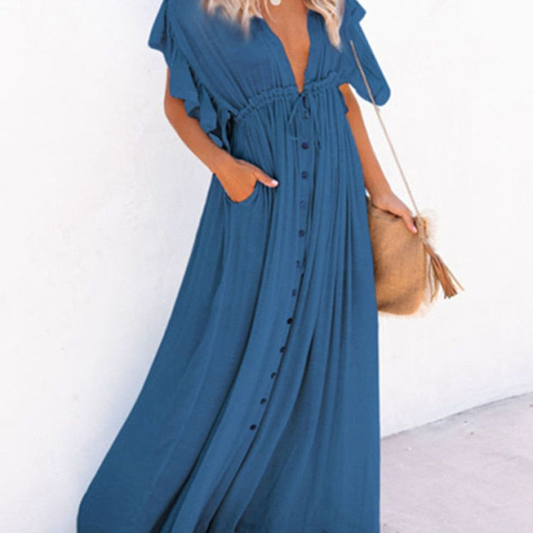 xakxx Women Long Dress Boho Summer Beach Bikini Cover Up Dresses Laides Maxi Casual V-Neck Sundress Vintage Sexy Robe Longue