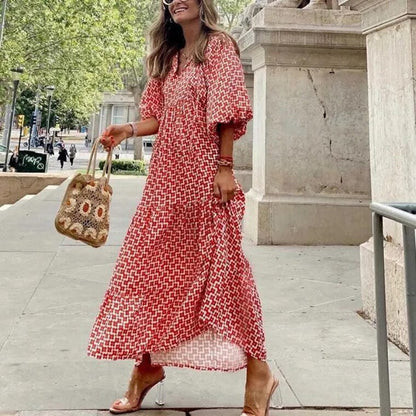 xakxx- Half Bubble Sleeves V-Neck Long Dress Women's Casual Loose Maxi Dress Green Geometric Printed Robe Bohemian Party Dresses