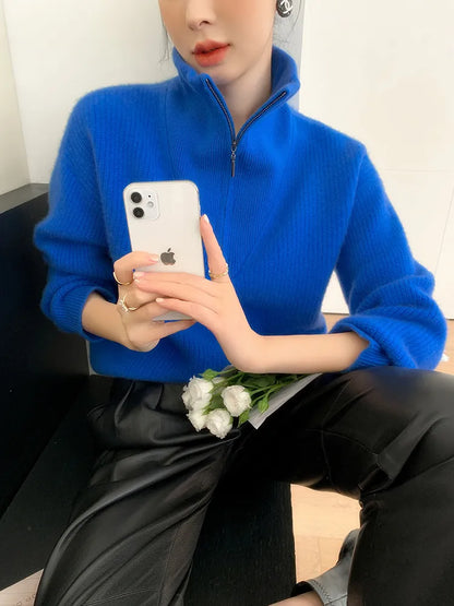 xakxx xakxx-Autumn and winter new semi-zipper cashmere vertical lapel thick sweater women lazy cashmere sweater