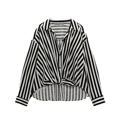 xakxx xakxx - New women's long-sleeved lapel V-neckline Front design with knot decoration Front breasted closure Linen blend stripe shirt
