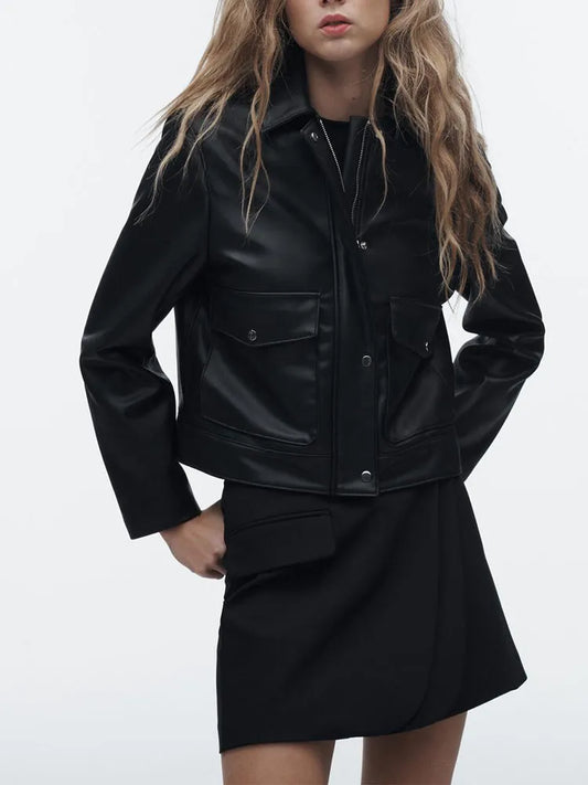 xakxx-  spring new women's black loose casual hundred sexy Riley retro lapel temperament imitation leather jacket jacket