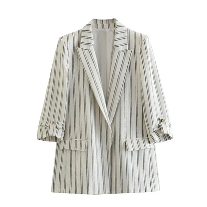 xakxx - New Women's Clothes  Casual Elegant Sexy Temperament Fashion Stripe Rollable Sleeve Casual Suit Jacket