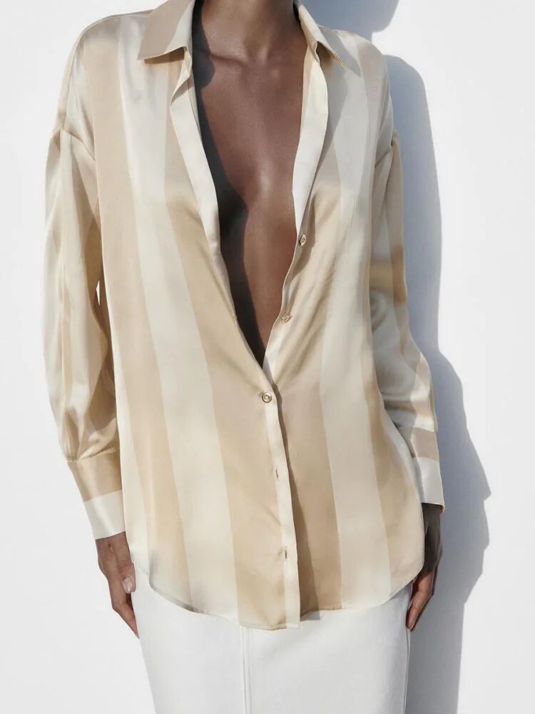 xakxx xakxx-  new women's satin texture loose slim single-breasted V-neck casual shirt