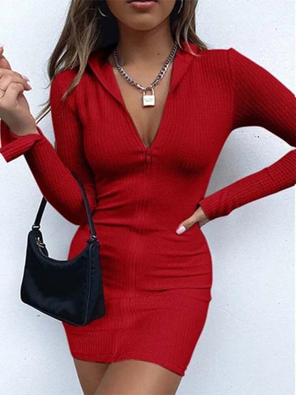xakxx- Party Nightclub Buttocks Short Dresses Women Sexy v Neck Zipper Lapel Slim Dress Summer Black Bodycon Mini Dress 5XL