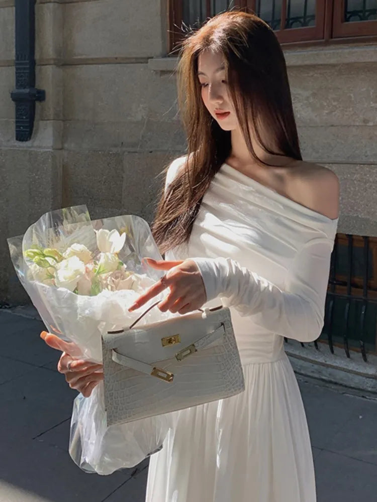 xakxx French Women Off Shoulder Midi Dress  Casual Female A-line One Pieces  Fashion Vintage Long Sleeve Lady Solid Casual Clothes