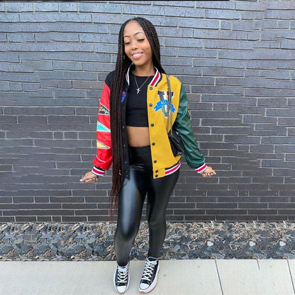 xakxx Autumn outfits Long Sleeve Tops Ladies Print Coat Varsity Jacket Women Yellow Streetwear Fall Winter Patchwork Jackets For Women