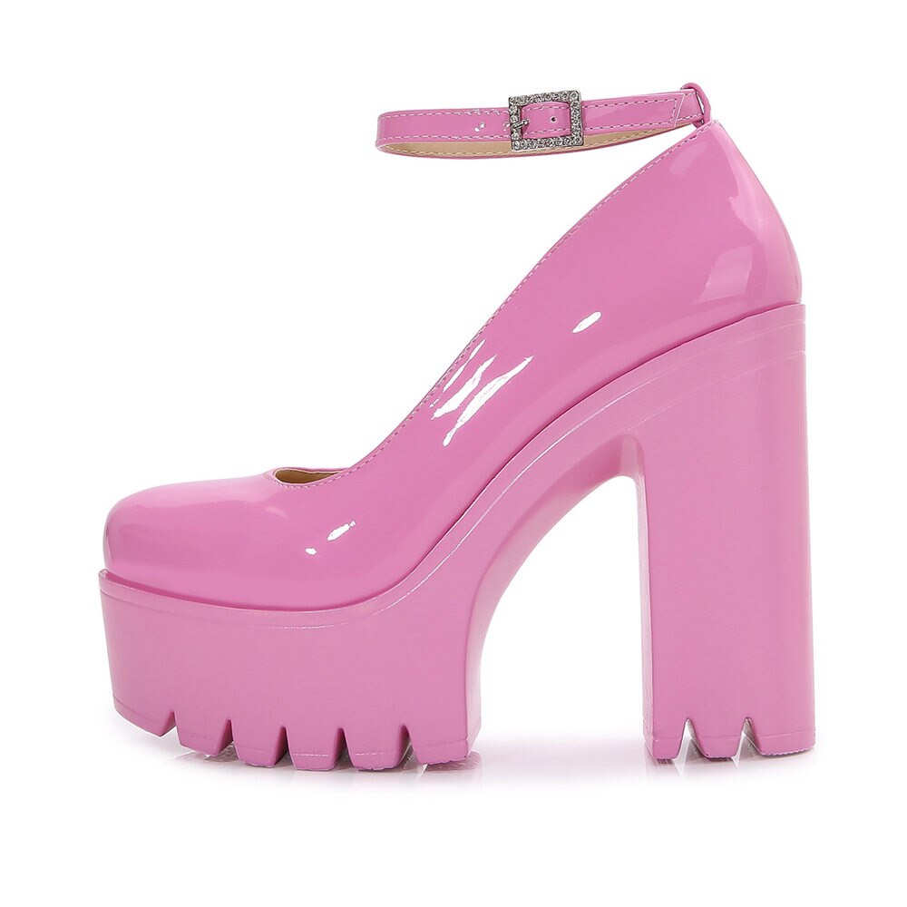xakxx  New Women's High Heel Summer Shoes Thick Heel Ankle Strap Sexy Fashion Sweet Pink Fashion Square Heel Large Heel Shoes