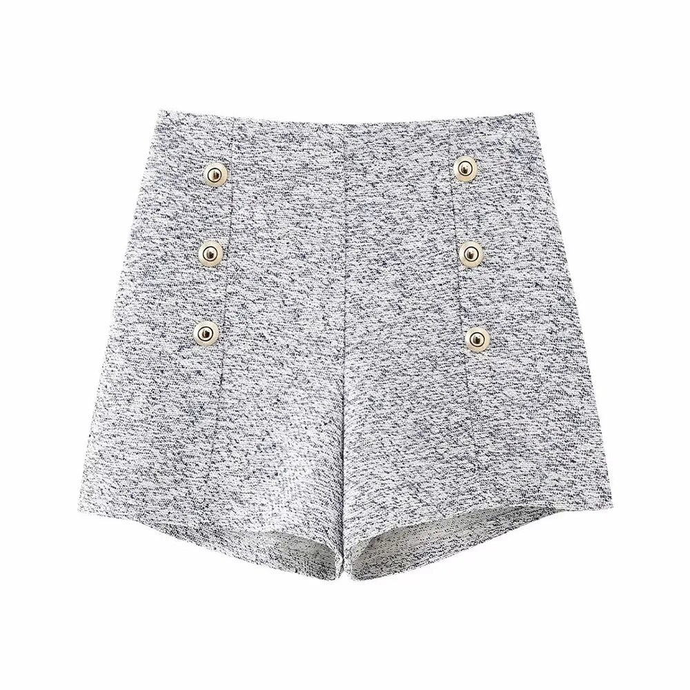 xakxx - New women's  high-waisted casual shorts with dark zipper at the side, gold breasted decorative texture casual shorts jacket