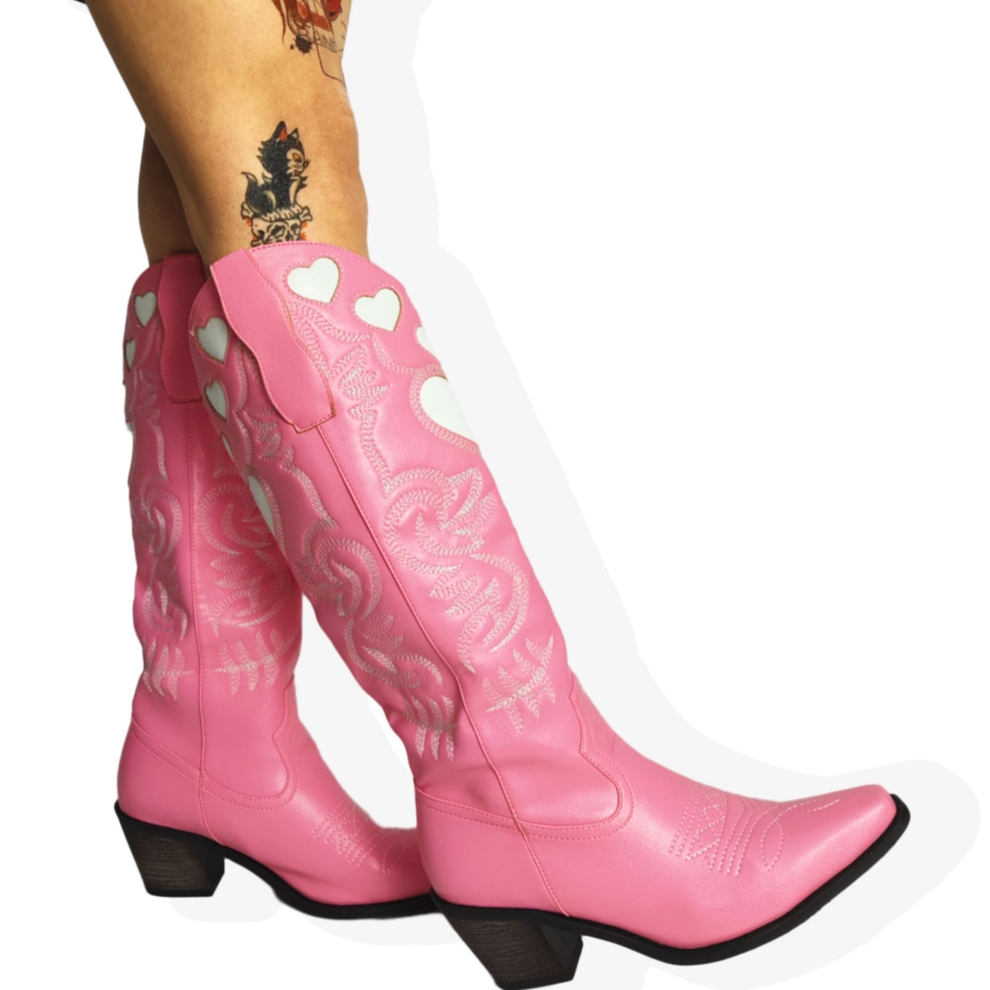 xakxx Halloween Cowboy Knee High Boots For Women Western Love Heart Slip On Stacked Heels Long Boots Pointed Toe Walking Casual Autumn Shoes