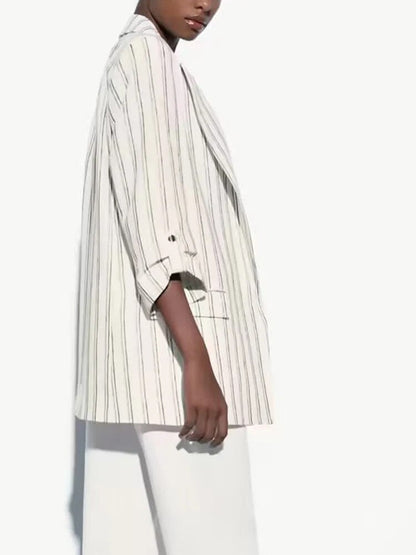 xakxx - New Women's Clothes  Casual Elegant Sexy Temperament Fashion Stripe Rollable Sleeve Casual Suit Jacket