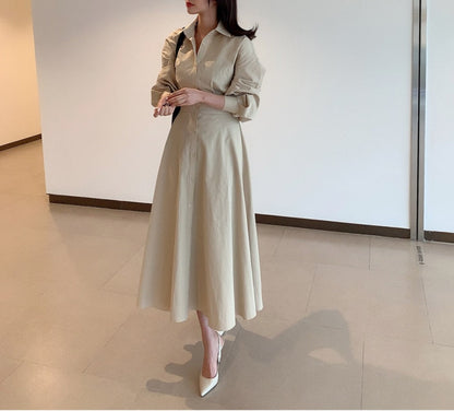 xakxx Spring Elegant Office Lady Vintage Office Puff Sleeve Shirt Dress Women Casual Single-Breasted A-Line Dresses