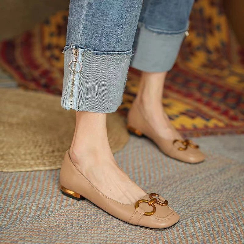 xakxx Ladies Flat Shoes Retro Square Toe Leather Loafers For Women  Spring Casual Flats Elegant Metal Buckle Female Shoes