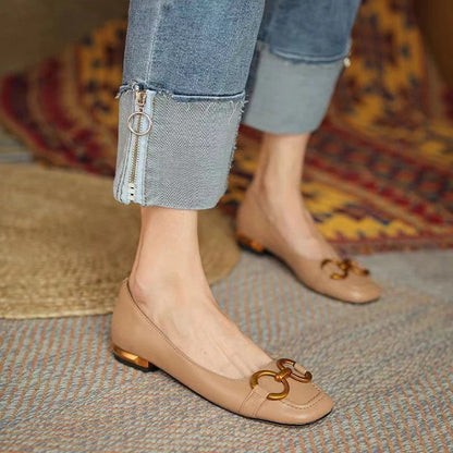 xakxx Ladies Flat Shoes Retro Square Toe Leather Loafers For Women  Spring Casual Flats Elegant Metal Buckle Female Shoes