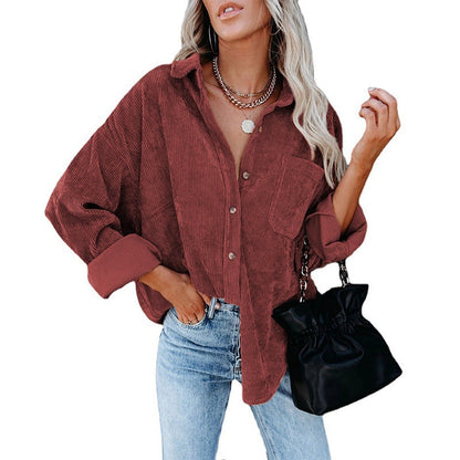 xakxx  Autumn Fashion Vintage Corduroy Blouse Jacket Strip Shirt Women Cotton Casual Tops Button Pocket Loose Blouse Outwear