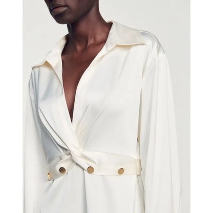 xakxx  Women's Clothing Design Style Gold Button Waisted Silk Shiny White Dress Dresses for Prom