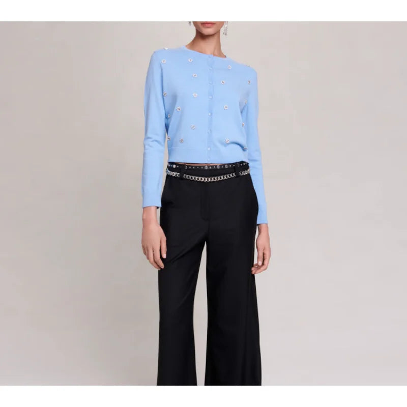 xakxx xakxx Long Sleeve Diamond Embellished Knit Cardigan Blouse Women���s Korean Fashion Vintage