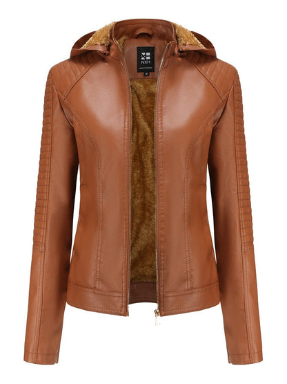 xakxx Black Leather Jackets for Women  New Winter Warm Korean Fashion PU Zipper Plush Hooded Vintage Streetwear Clothes Coat Women